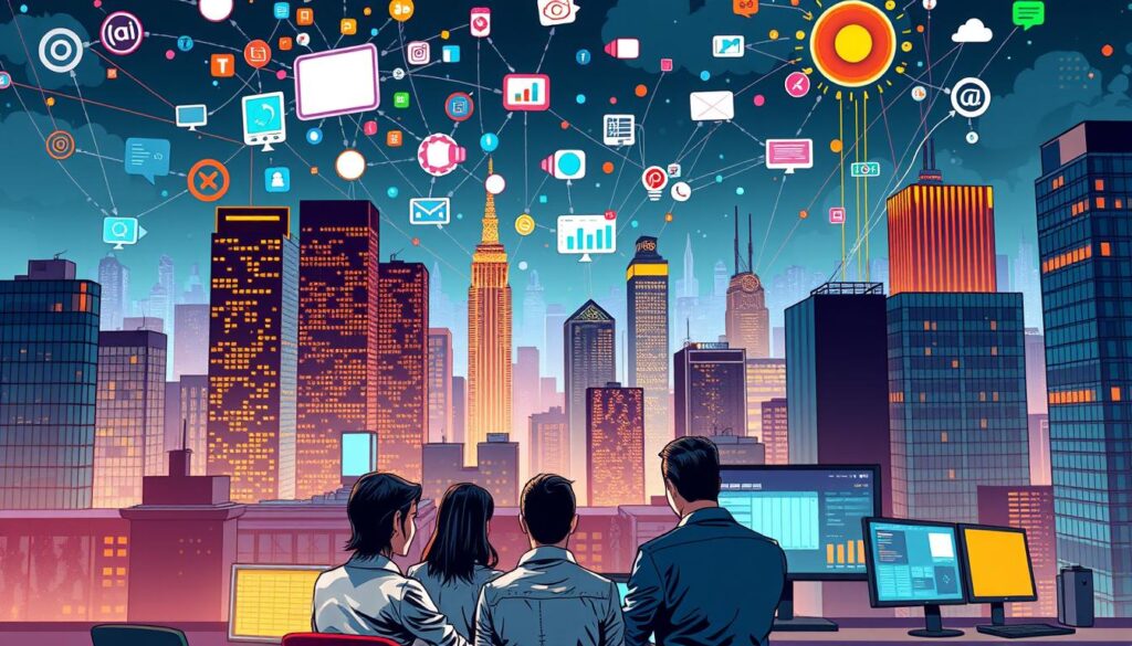 A bustling cityscape of modern office buildings, with various communication channels and devices floating above, connected by colorful data streams. In the foreground, a group of professionals engage in a collaborative brainstorming session, surrounded by digital screens displaying analytics and campaign strategies. The lighting is warm and focused, creating a sense of energy and productivity. The scene conveys the complexity and interconnectedness of a multichannel outreach strategy, blending physical and digital elements to drive lead generation for a startup.