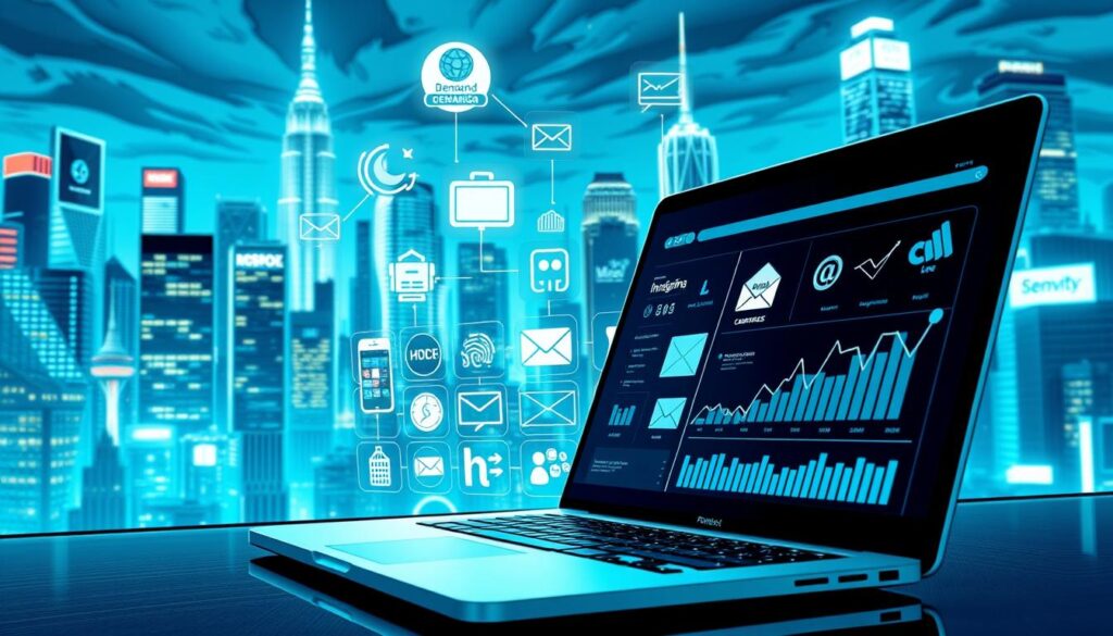 A bustling digital landscape with various channels for generating demand. In the foreground, a sleek laptop displays analytics and campaign data, illuminated by the soft glow of the screen. In the middle ground, icons and symbols representing search engines, social media platforms, email marketing, and other digital channels are arranged in an organized grid, conveying the interconnected nature of modern demand generation strategies. The background features a cityscape of towering skyscrapers and neon lights, symbolizing the dynamic and fast-paced world of online marketing. The overall scene is bathed in a cool, blue-tinted lighting, creating a sense of technological sophistication and data-driven efficiency.