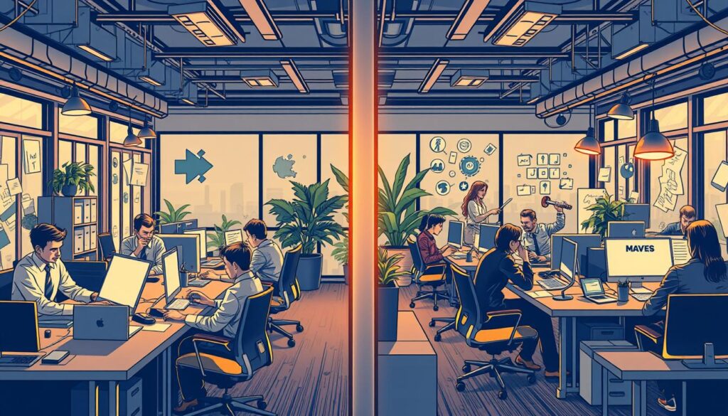 A bustling office space, with two opposing sides representing "Lead Generation" and "Demand Generation". On the "Lead Generation" side, a team of professionals meticulously crafting strategies, making phone calls, and analyzing data. Opposite, the "Demand Generation" team is energetically creating engaging content, launching social media campaigns, and connecting with their audience. The contrast is evident in the body language, tools, and overall atmosphere of the two workspaces. Warm lighting casts a professional glow, while the camera angle captures the dynamic tension between these complementary marketing approaches. The scene conveys the importance of understanding the nuances between lead generation and demand generation for startup success.