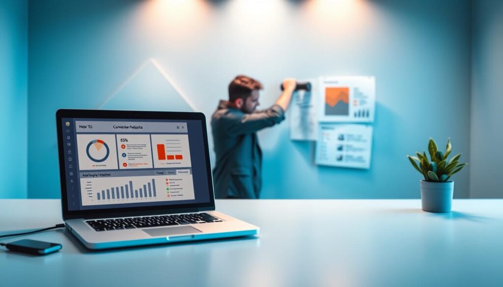 A modern, minimalist landing page layout showcasing conversion rate optimization techniques. In the foreground, a laptop displays A/B testing results and website analytics data. In the middle ground, a designer adjusts user interface elements like call-to-action buttons, form fields, and navigation menus. The background features clean, geometric shapes and a soothing color palette of blues and grays, conveying a sense of professionalism and efficiency. Warm, directional lighting illuminates the scene, emphasizing the importance of data-driven design decisions. The overall atmosphere is one of focus, clarity, and a keen understanding of user behavior.