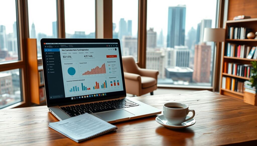 A warm, inviting office setting with a large window overlooking a cityscape. In the foreground, a wooden desk with a laptop, notepad, and a cup of coffee. The laptop screen displays a website conversion rate optimization dashboard, with charts and graphs showcasing key metrics. The middle ground features a cozy reading nook with a plush armchair and a bookshelf filled with business strategy books. The background depicts the bustling city outside, with skyscrapers and a vibrant, bustling atmosphere. The lighting is soft and natural, creating a sense of trust and professionalism. The overall mood is one of focus, productivity, and confidence in building a successful online presence.