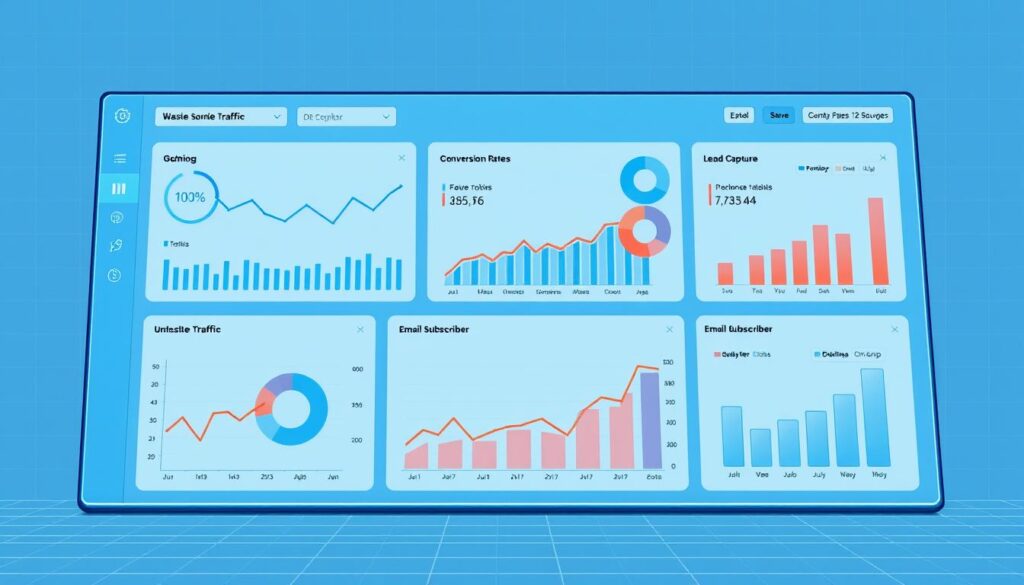 a detailed data visualization depicting various online lead generation metrics, such as website traffic, conversion rates, lead capture, and email subscriber growth, presented on a sleek, minimalist dashboard with a cool, blue-toned color scheme. The visualization features clean, modern typography and intuitive data visualizations like line graphs, pie charts, and bar charts, all presented against a subtle background grid. Soft, indirect lighting casts a gentle glow across the scene, creating a professional, analytical atmosphere. The overall composition is well-balanced, drawing the viewer's attention to the key performance indicators that are most relevant to measuring the success of online lead generation efforts.